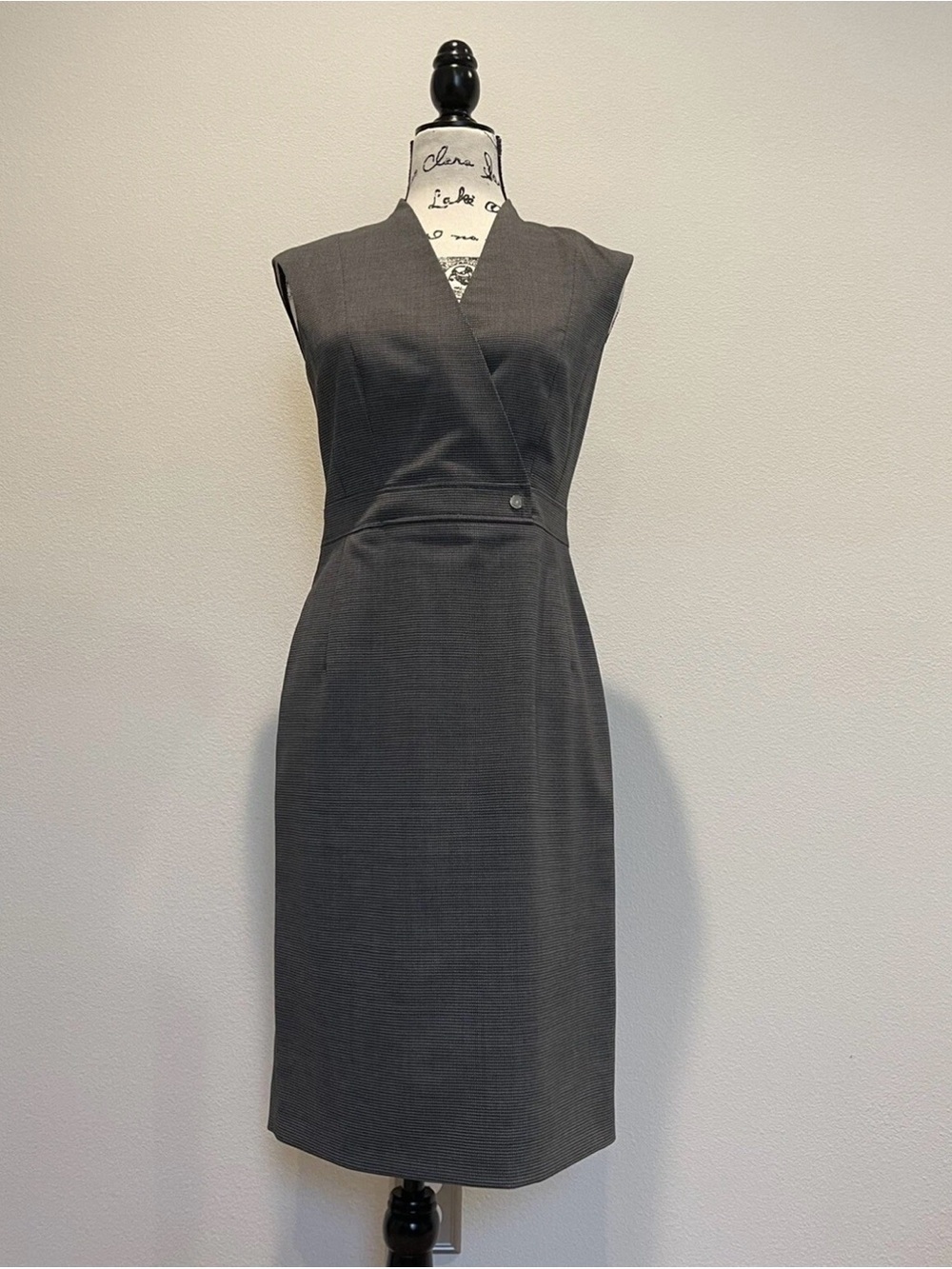 BOSS Sleeveless Charcoal Gray Faux-Wrap Midi Dress